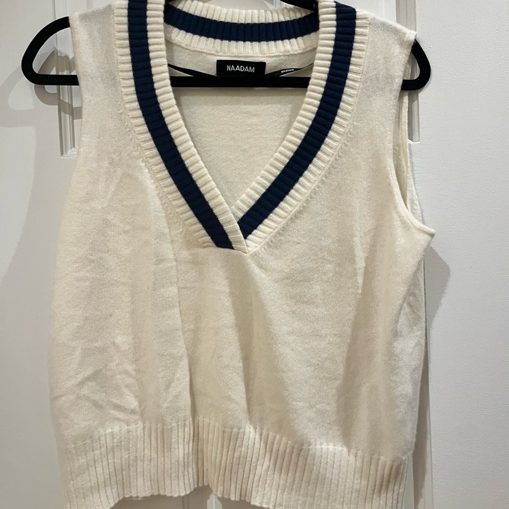 Naadam Cashmere Varsity Sweater Vest
White with Blue Accents
100% cashmere 
M